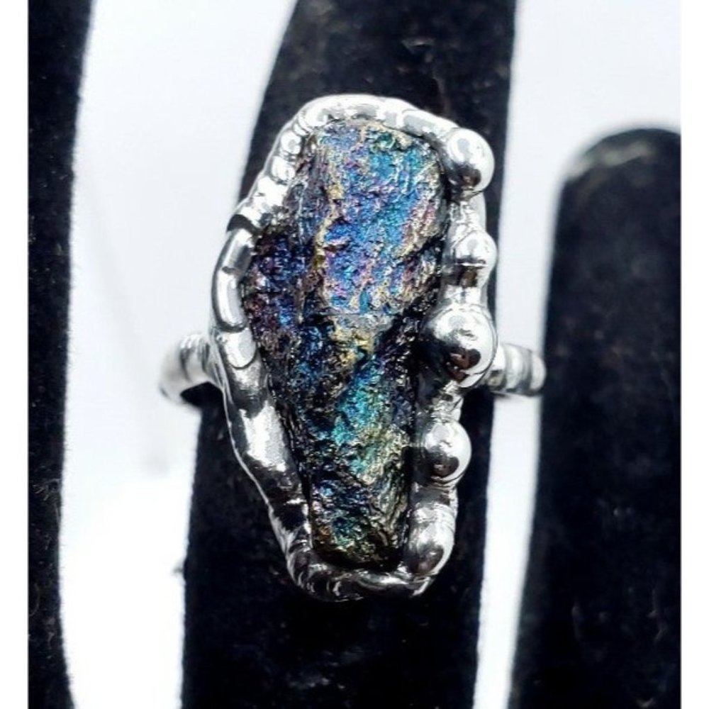 Rainbow peacock ore crystal Ring handmade